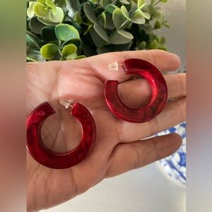 Vintage Chunky Bakelite Marbled Burgundy Red Color Stud Hoop Earrings